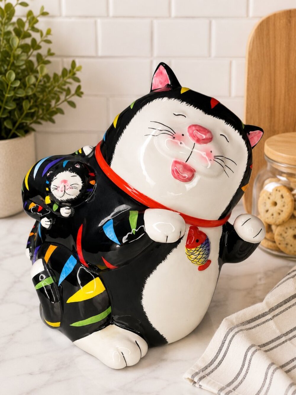 Vintage Sakura Happy Cats Cookie Jar Black Colorful Ceramic Cat Canister with Li
